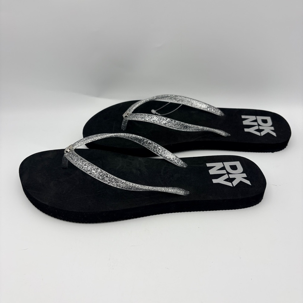 DKNY Black Flip Flops with Silver Glitter Straps NWOT size 8 - Picture 2 of 7